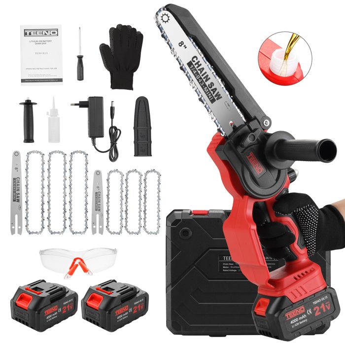 Mini tronçonneuse électrique - TEENO - TEENO - 2en1 6 pouces/8 pouces - Moteur sans balais - 2×4000mAh