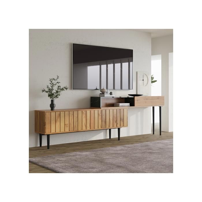 Meuble TV - BLOSSOM - 129 x 30 x 58 cm - 3 Portes - 1 Niche Ouverte - Bois Naturel Meuble TV - BLOSSOM - 129 x 30 x 58 cm - 3 Portes - 1 Niche Ouverte - Bois Naturel