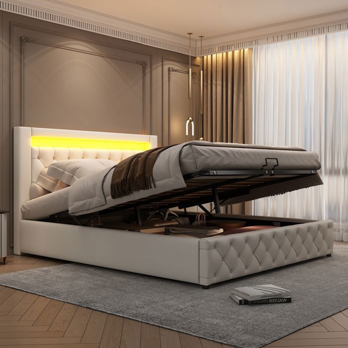 Lit Coffre Capitonné 160x200 cm - Merax Lit Double Queen Size - avec Éclairage LED - Tête de Lit Haute - Revêtement PU Blanc