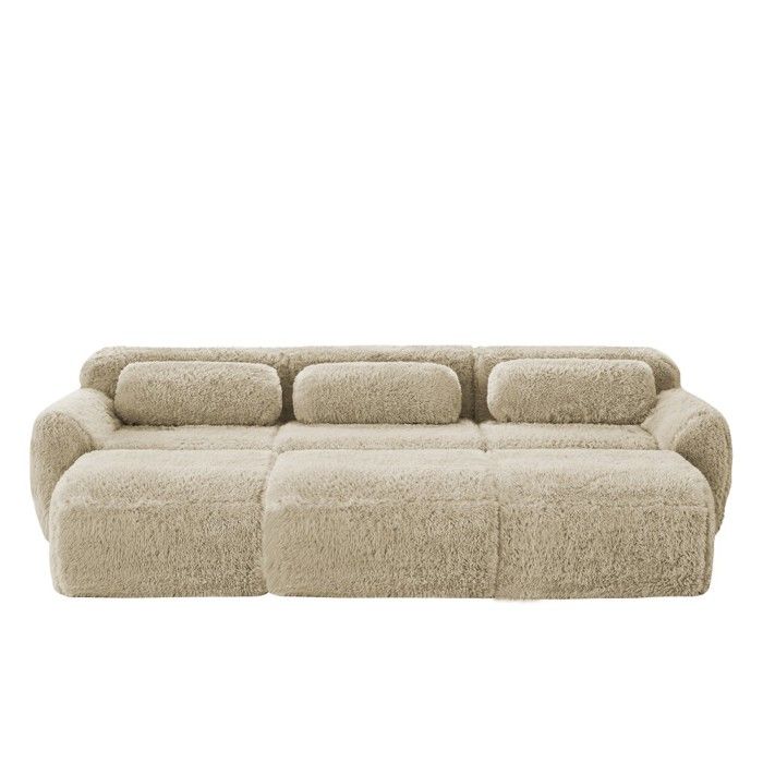 Canapé 3 places Cloud sans ossature tissu peluche douce avec canapé-lit modulable et 3 poufs kaki clair 291x179x73cm Canapé 3 places Cloud sans ossature tissu peluche douce avec canapé-lit modulable et 3 poufs kaki clair 291x179x73cm