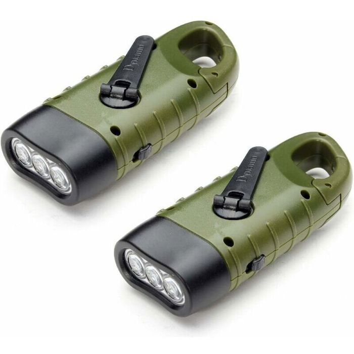 Lampe torche solaire rechargeable - PZCC - Lot de 2 - LED dynamo manivelle - 8 lumens - Mousqueton