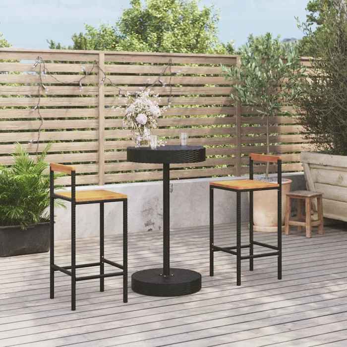 Ensemble de bar jardin - vidaXL - 3 pièces - Noir - Poly rotin - Bois massif acacia - 40x44x100 cm chaises