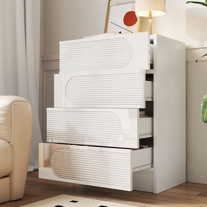 Commode de rangement - LINHOO - 60 x 385 x 85 cm - MDF et panneaux de particules blancs - 4 tiroirs façades brillantes