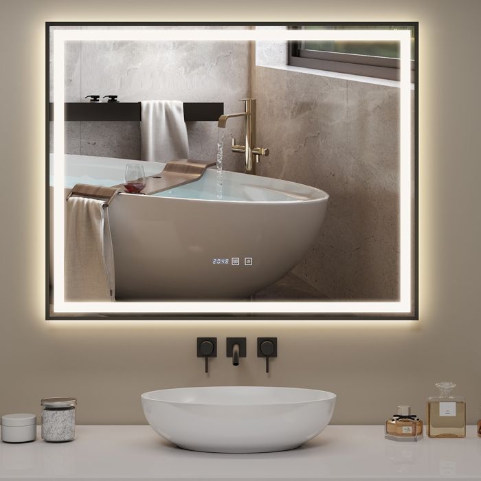 100x80cm Miroir de Salle de Bain LED Anti-Buée 3 Couleurs Éclairage Réglable Interrupteur Tactile Noir