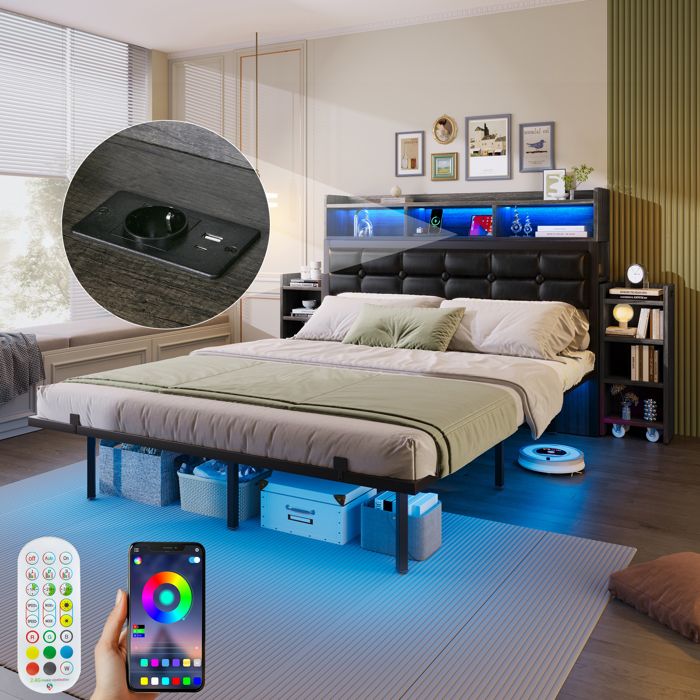 Lit rembourré 140x190 cm avec têtes de lit et LED RGB lit double avec 2 tables de Chevet Escamotables chargeur USB-C/USB gris
