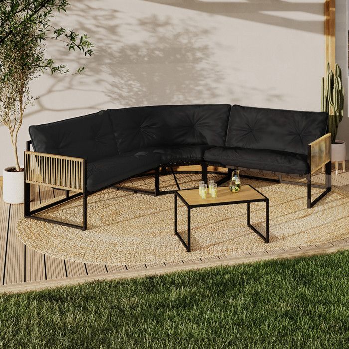 IDMARKET Salon de jardin bas RIO 6 places salon dangle structure métal et cordage effet rotin avec coussin noir IDMARKET Salon de jardin bas RIO 6 places salon dangle structure métal et cordage effet rotin avec coussin noir