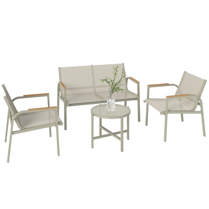 Salon de jardin - Outsunny - 4 pièces canapé 2 places 2 fauteuils et table basse en verre trempé - textilène - vert