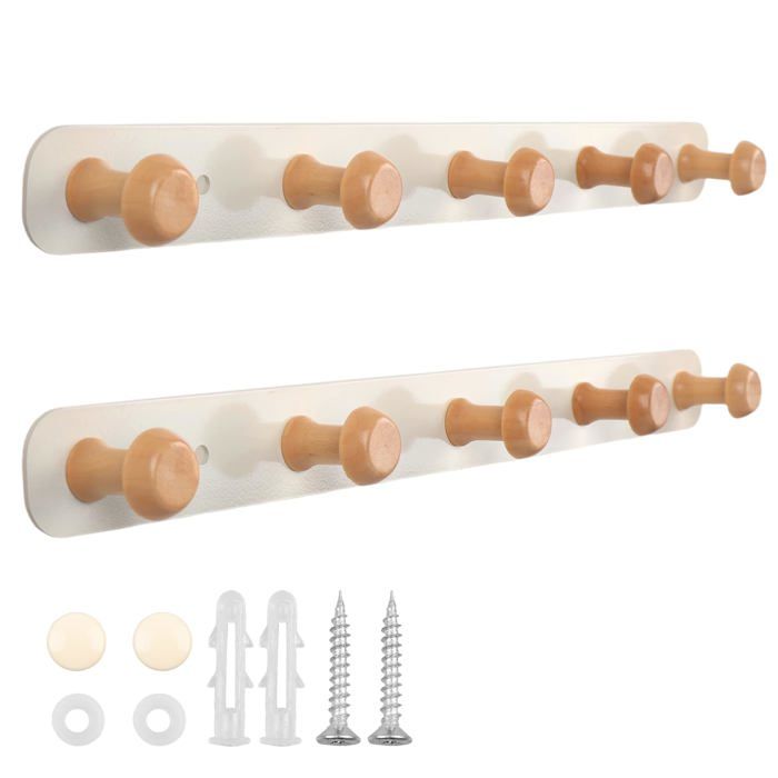 2 Pièces Porte Manteau Mural en Bois Patère Murale avec 5 Crochets - 36 cm - Blanc Crème - Hêtre Naturel Crochet Porte Manteau