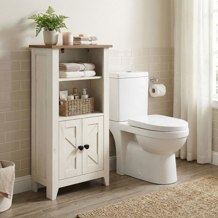 Meuble bas de salle de bain Style Maison de Campagne Compartiments Ouverts Portes Blanc et Marron