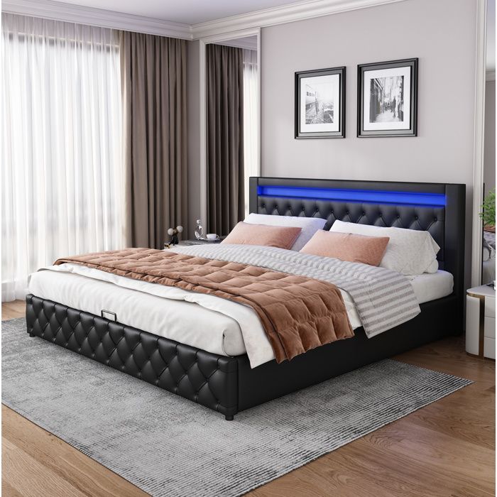 ULEVR Lit coffre rembourré noir 140 x 200 cm avec sommier relevable rangement et éclairage LED