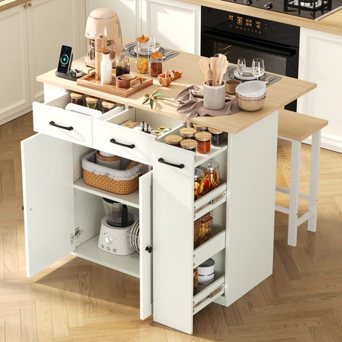 Îlot de Cuisine Blanc 120x45x96 cm avec 2 Tabourets – Plan de Travail Extensible Station de Charge Intégrée et Rangement – Blanc
