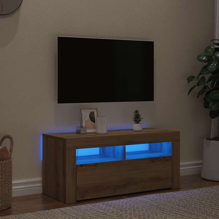 Meuble TV tendance et pratique - Table TV SALON - avec lumières LED - chêne artisanal bois dingénierie - (90x35x40 cm) PMC8Q4