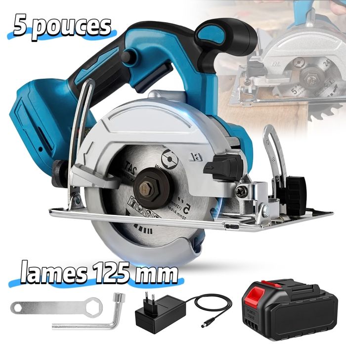 Scie circulaire sans fil - 1x20Ah & lames 125 mm - Laser 10800r/min - angle réglable 0 à 45° - 1000W -Outils coupe sans poussière