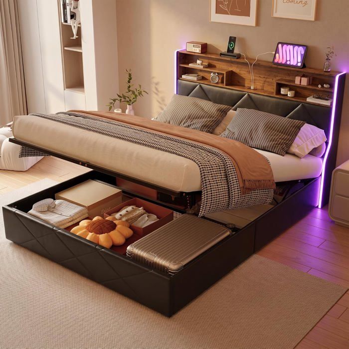 Lit 2 places 140x200 coffre hydraulique tête rembourrée étagères LED multiprise sommier lattes sans matelas adulte