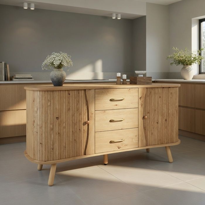 Buffet pois rainuré 2 portes coulissantes 3 tiroirs étagères réglables pieds bois massif MDF -Pugsdrly
