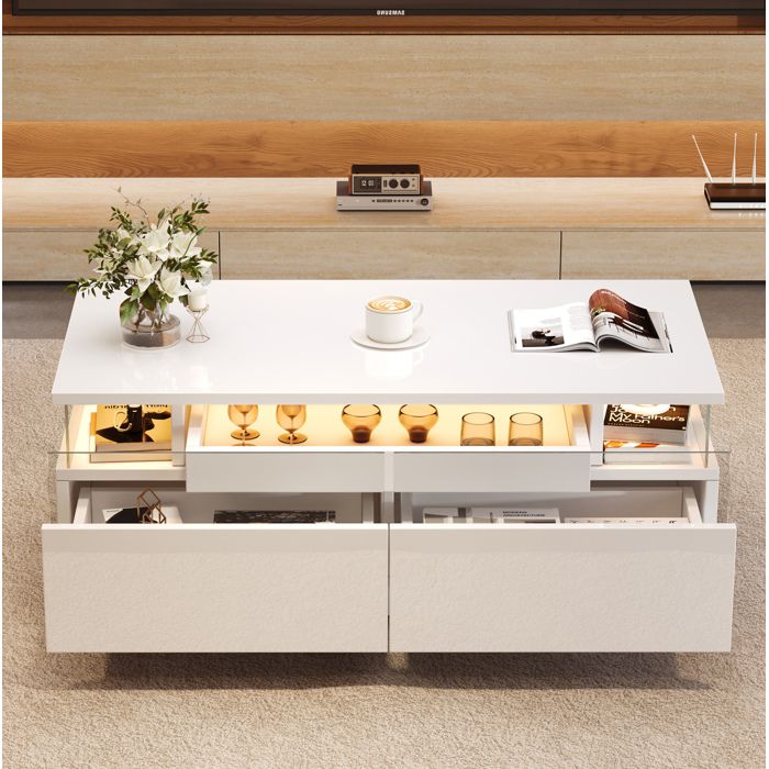 Table basse rectangulaire EVRYAE 90 x 45 x 35 5 cm avec 2 tiroirs plateau amovible LED verre trempé blanc brillant