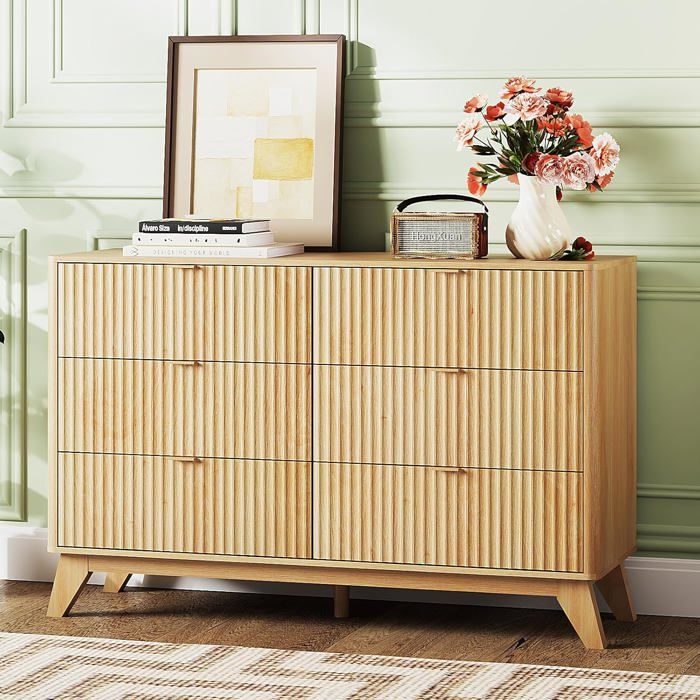 Commode 6 tiroirs - ALIGHTUP- design scandinave sur pieds Façade à Lamelles 110x35x75 cm Chêne Commode 6 tiroirs - ALIGHTUP- design scandinave sur pieds Façade à Lamelles 110x35x75 cm Chêne