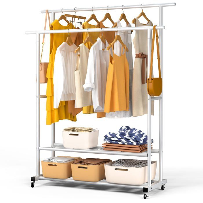 VOUNOT® Portant à vêtements double tringle avec roulettes et 2 étagères de rangement - 121x40x147cm - Blanc VOUNOT® Portant à vêtements double tringle avec roulettes et 2 étagères de rangement - 121x40x147cm - Blanc