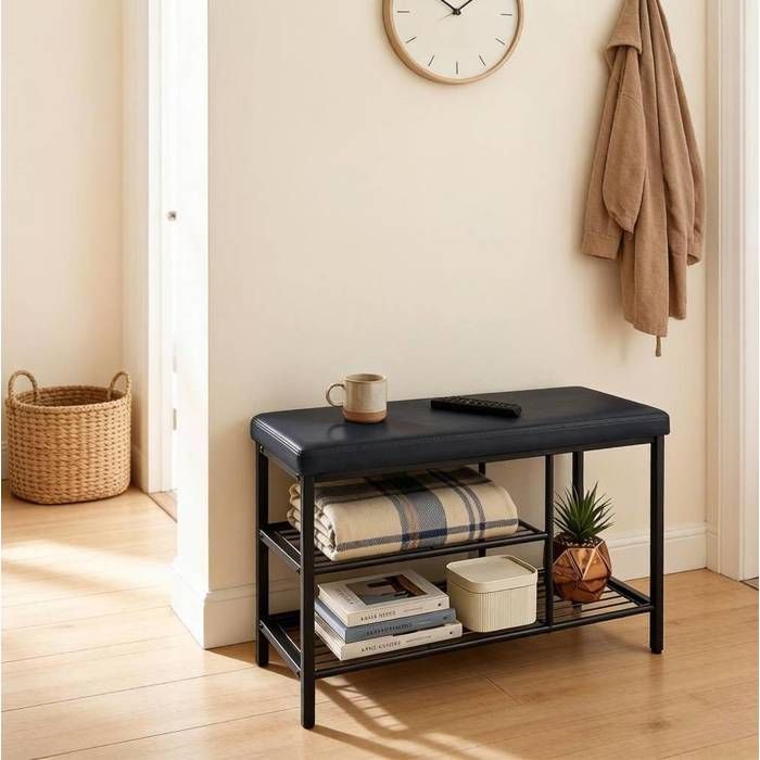 Banc à chaussures noir avec assise rembourrée structure métal 3 compartiments ouverts 80 x 30 x 50 cm