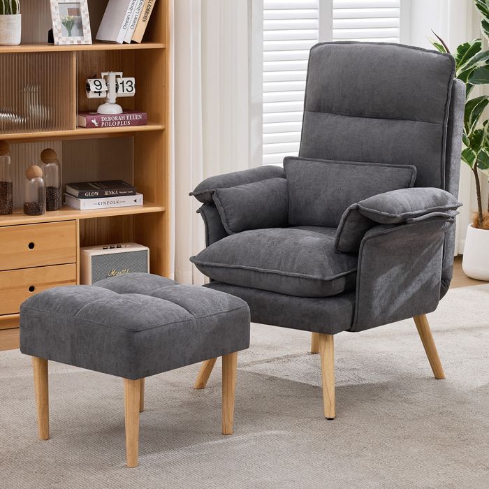 Fauteuil avec Repose-Pieds méridienne réglable en 5 directions chaise longue avec coussins dappui-tête et daccoudoir lin gris