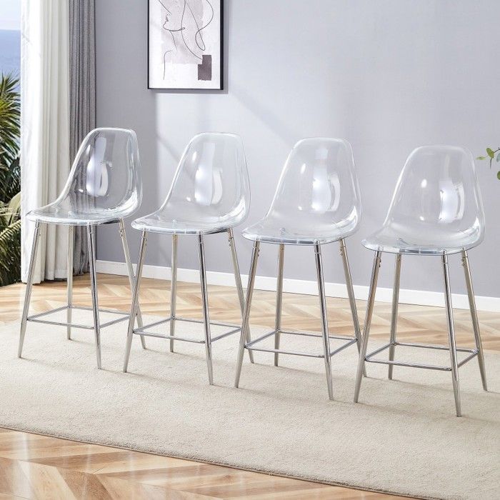 Lot de 4 tabourets bar transparents 43x50 8x101 6cm piètement métal argenté chaise moderne cuisine salle à manger sans table