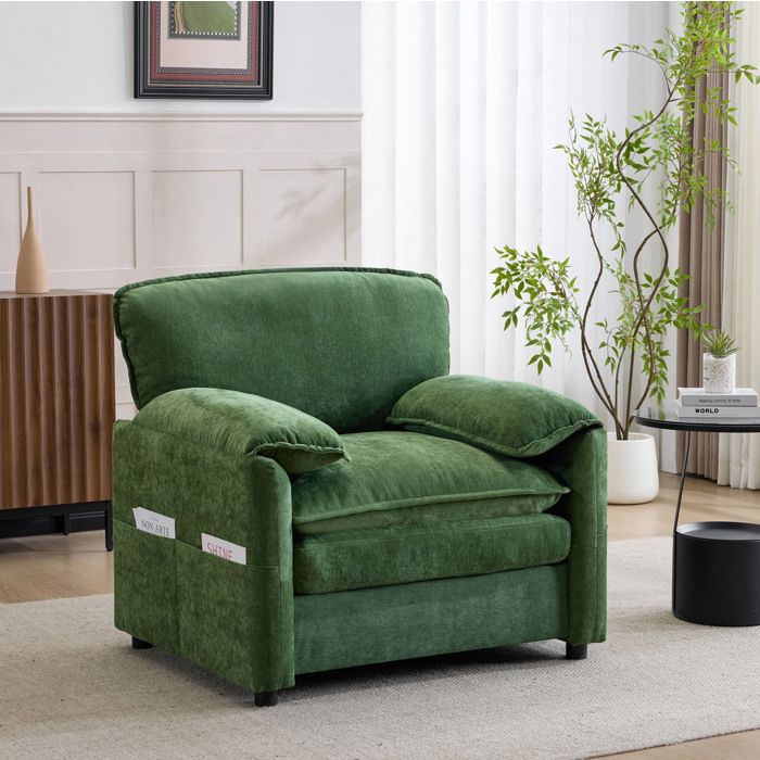 Fauteuil 1 place vintage vert foncé en chenille avec accoudoirs et doubles poches de rangement latérales