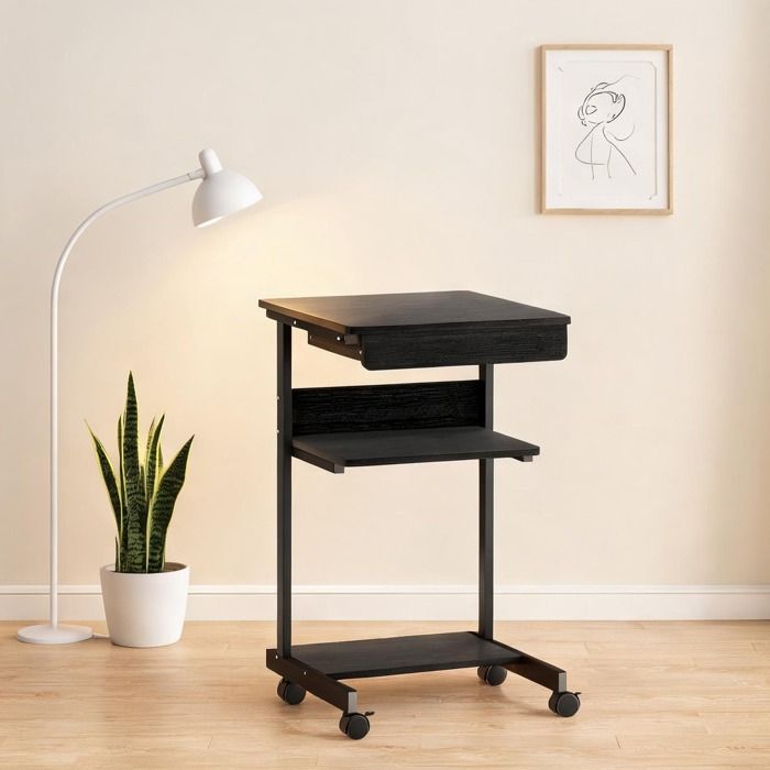 Bureau compact noir à roulettes mélaminé bois et métal tiroir et étagères idéal petits espaces