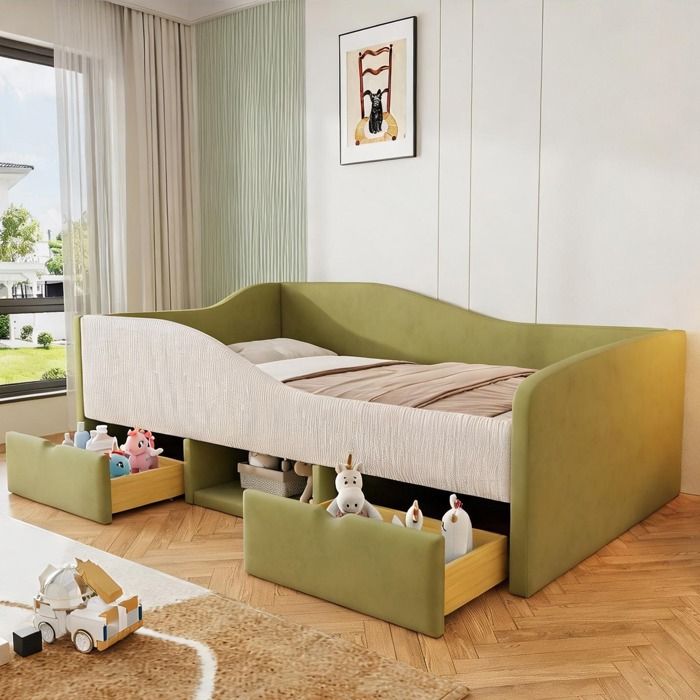 Lit enfant 90x190 cm velours soft green et ivoire avec barrières et tiroirs