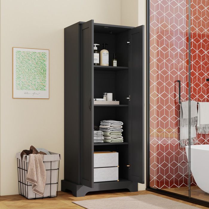 Colonne de salle de bain 2 portes 4 espaces de rangement et étagères réglables laquée - TCQPZ - Moderne Noir 56×40×170 cm