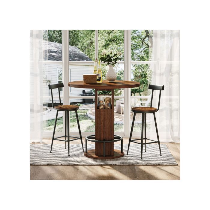 Ensemble table bar et 2 tabourets rond 31 5 bois noyer repose-pieds métal annulaire. Idéal salle à manger café bar