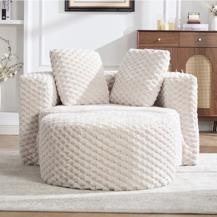 Fauteuil lounge 1 place compressé avec pouf et livré monté - ELVMI - sans accoudoirs tissu peluche beige