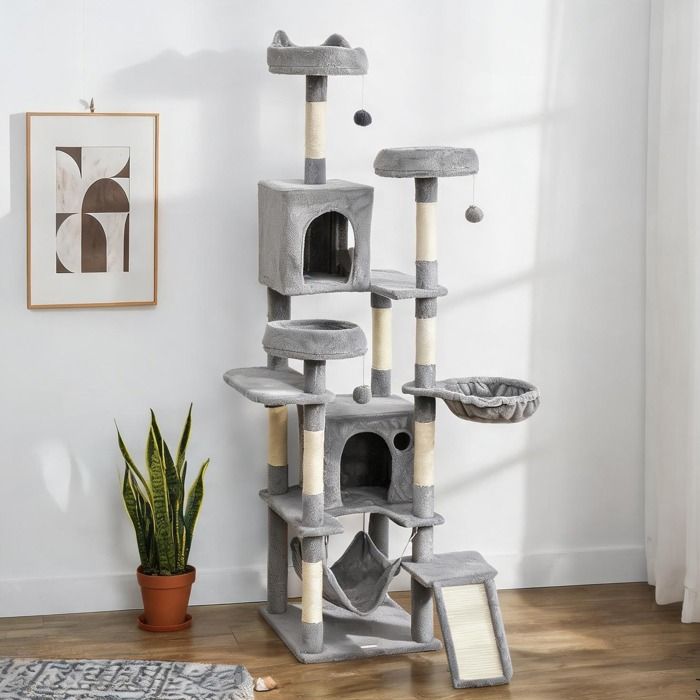 Arbre à chat vertical 192 cm – 8 poteaux griffoirs en sisal 4 plateformes 2 niches couleur grise