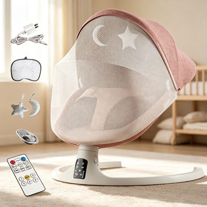 Balancelle Bébé Électrique - 5 Vitesses - 3 Positions dInclinaison - Bluetooth - Télécommande et Moustiquaire - Chaise à bascule