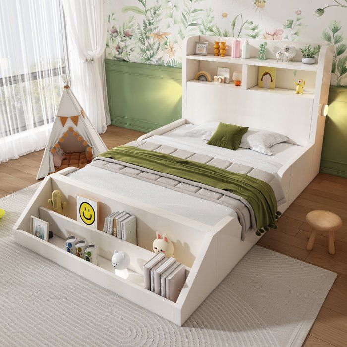 Lit Enfant en Bois 90x200 cm Lit Adolescent avec Veilleuses Bibliothèque Amovible Sommier à Lattes sans Matelas - Blanc