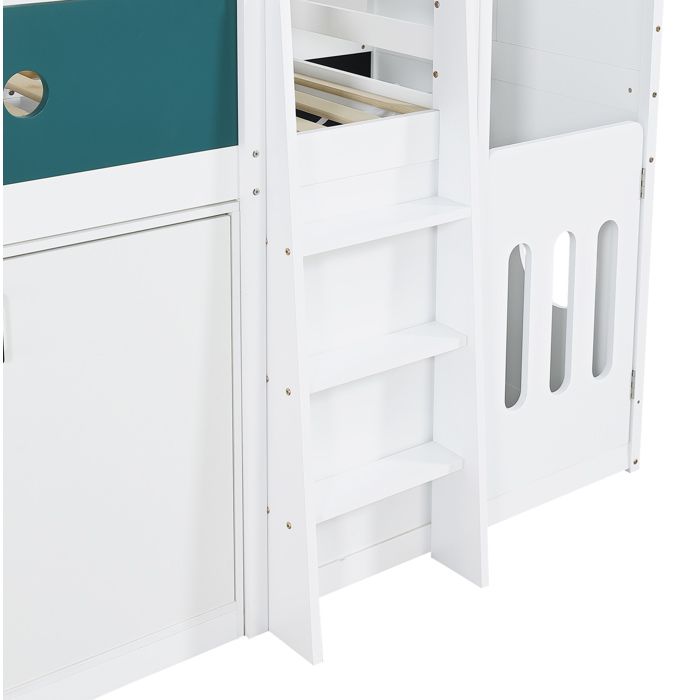 Lit combiné enfant semi-haut 90×200 cm forme maison espace de jeu rangement et échelle - BEAUNIV - sans matelas bois - blanc