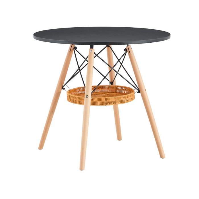 Table à manger ronde 80 cm – plateau MDF noir – pieds en bois – panier de rangement tressé – style scandinave