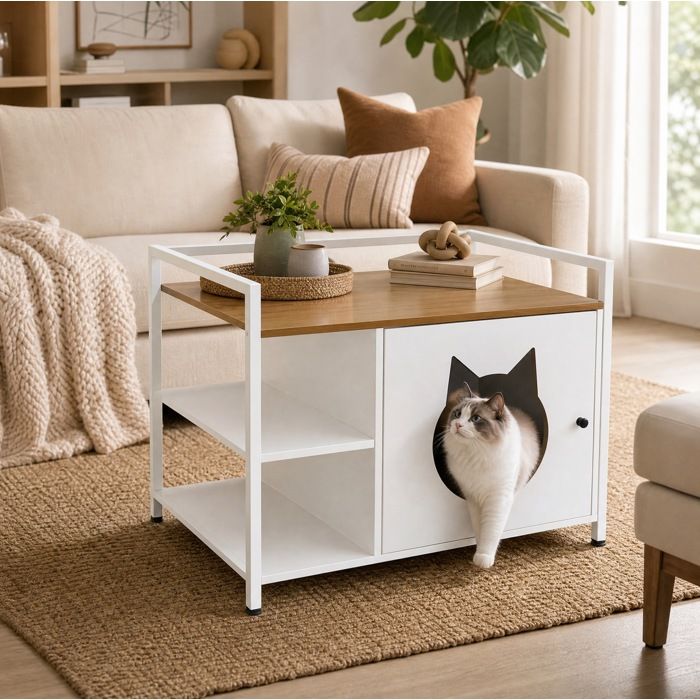ELVORIN meuble litière chat 76 x 54 x 59 cm MDF et métal blanc et bois clair avec 2 étagères rangement