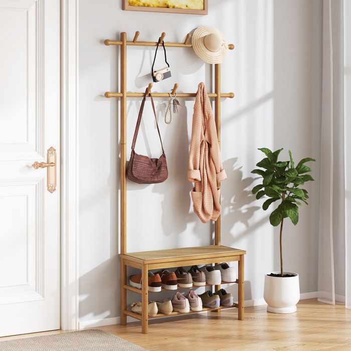 Porte-manteau entrée 3-en-1 banc range-chaussures bambou rotin PE 11 crochets 2 étagères vestiaire meuble dentrée
