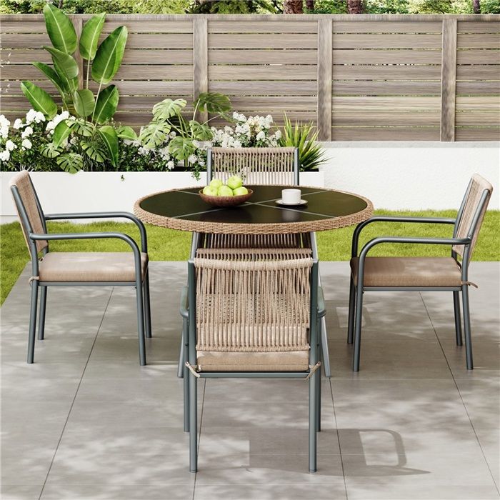 Set terrasse/balcon en rotin : table ronde en verre + 4 fauteuils confortables Set terrasse/balcon en rotin : table ronde en verre + 4 fauteuils confortables