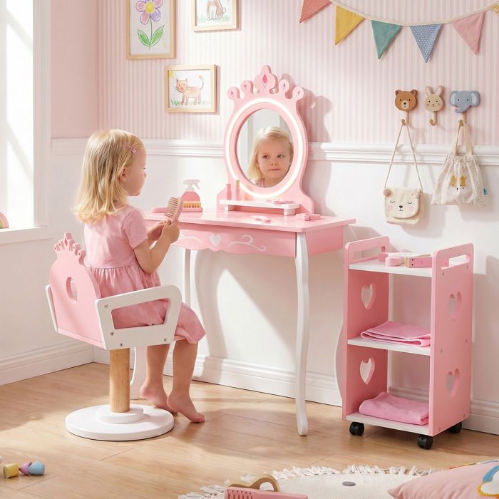 Coiffeuse Enfant Fille COSTWAY-en Bois avec Miroir LED 10 Accessoires Chariot Mobile Verrouillable Fauteuil 360° Anti-basculement Coiffeuse Enfant Fille COSTWAY-en Bois avec Miroir LED 10 Accessoires Chariot Mobile Verrouillable Fauteuil 360° Anti-basculement