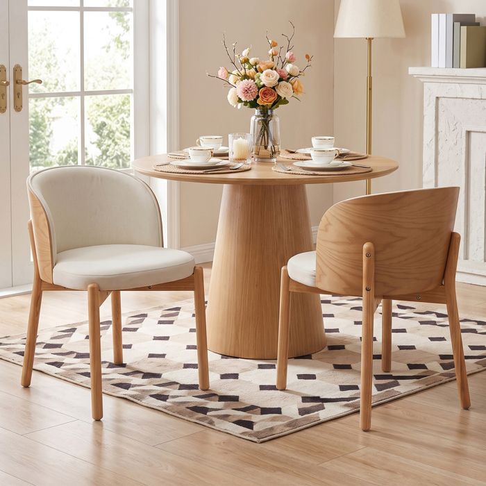 Lot de 4 chaises de salle à manger – Bois massif – Tissu lin – Dossier en placage frêne – Couleur naturelle