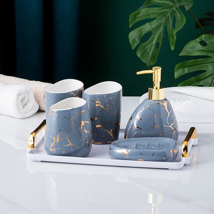 Ensemble accessoires de Salle de Bain Grisdécoration de Salle de Bain Effet marbre doréEnsemble Gri SET ACCESSOIRES SALLE DE BAIN