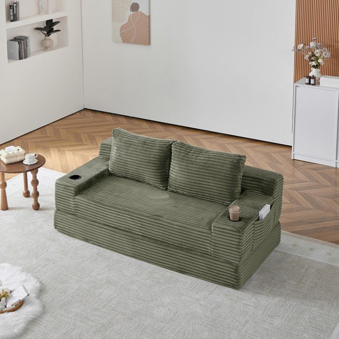 Canapé Convertible 2-en-1 Vert - Sofa-Bed avec Porte-Gobelets Intégrés et Poches Latérales - Corduroy