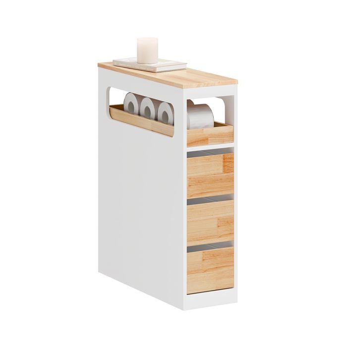 Meuble Salle de Bain sur Roulettes 3 Tiroirs et Étagère Réglable Colonne Rangement WC Style Scandinave Finition Blanc et Naturel