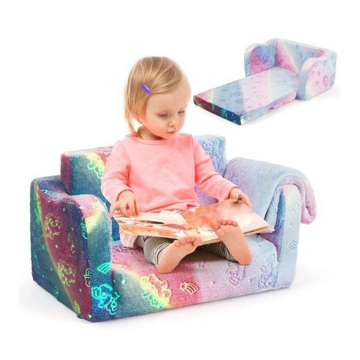 Canapé enfant 2-en-1 pliable se transforme en fauteuil-lit flanelle douce phosphorescente pour lecture et repos