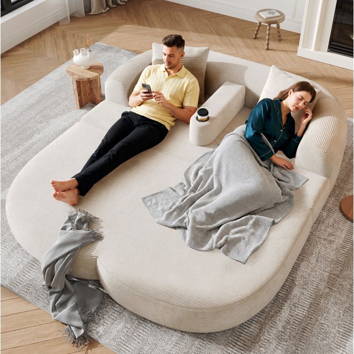 Canapé lounge pliable 2 places beige clair en velours côtelé accoudoir amovible porte-gobelet