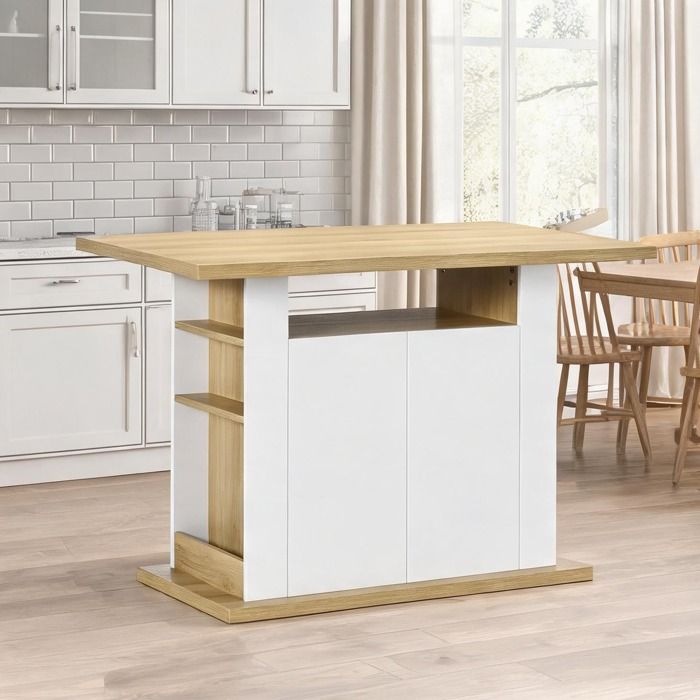 Îlot de cuisine en PAL finition blanc et aspect bois naturel 110 cm 4 portes et 6 étagères latérales pour 4 à 6 personnes