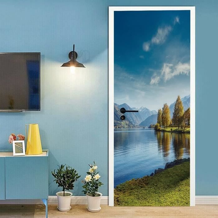 Papier Peint Porte 3D Sticker Forêt Brumeuse - Trompe L'Oeil Adhésif 83x204cm
