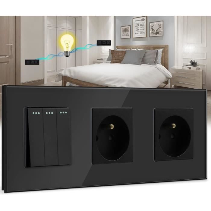 Interrupteur Va-et-vient Verre Cristal Noir Avec Points Lumineux – 2 Directions, 86x86 Mm – Moderne, Facile à Installer