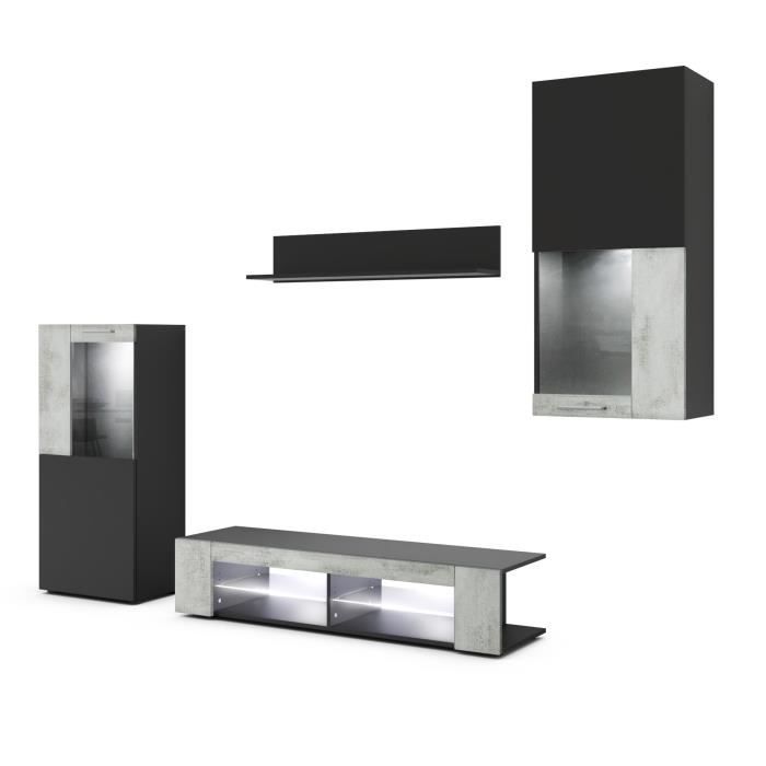 Vladon Meuble TV Armoire Basse Movie Corps en Noir Mat//Façades en Aspect Béton Oxyde avec l/'éclairage LED en Bleu